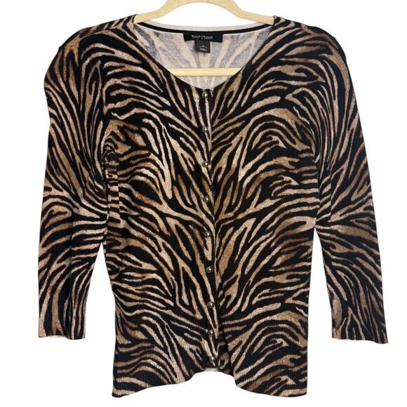 WHITE HOUSE BLACK MARKET Tiger Animal Print Cardigan Brown & Gold. Size: M - Picture 1 of 5